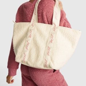 Victoria's   Secret PINK Cozy-Plush Cream/Pink  Zip Closure Top Handle Tote Bag